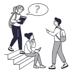 Vector art of three students are on campus one student is asking a question, and the other two students are listening they are standing on stairs