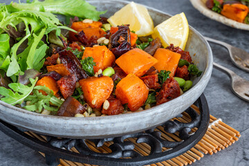 Warm roasted chorizo and sweet potato salad