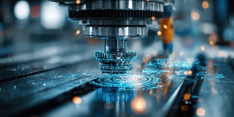 Precision machinery in motion, with intricate digital overlay