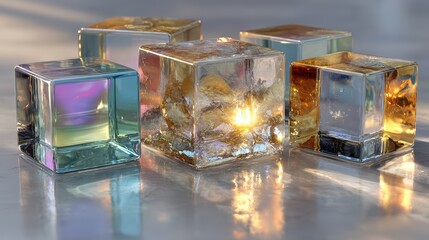 Vibrant Geometric Abstraction Transparent Glass Cubes Set against a Minimalistic Backdrop, Ideal for Striking Visual Content and Highlighting Innovative Concepts.