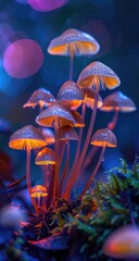Fototapeta premium Glowing mushrooms cluster on mossy ground, illuminated from below, set against a blurred background of purple and blue bokeh
