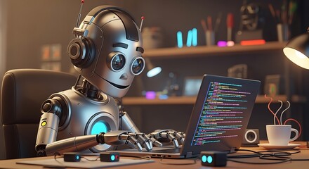 Robot Programmer Working on Laptop.