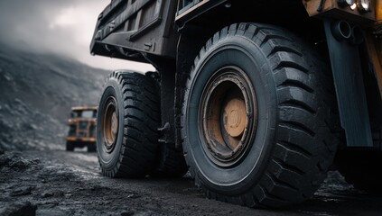 Mining truck tires on a dark dirt road