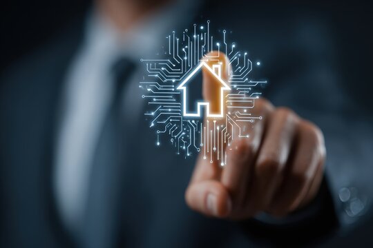Businessman pointing at a digital home icon overlaid with circuit board design - Powered by Adobe