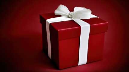 Obraz premium Red gift box with white ribbon and bow, centered product shot on clean background.