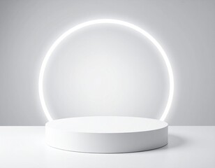 Minimalist White Podium Against Luminous Circular Ring for Product Display in Clean Studio