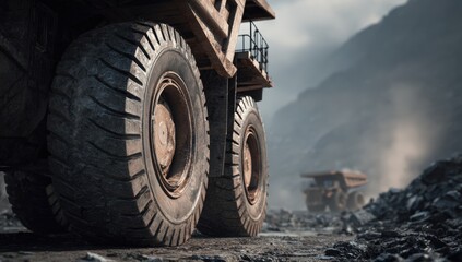 Close-up view of large mining trucks on a dusty road