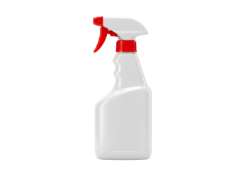 White spray bottle with a red trigger on a white background, perfect for cleaning and household product presentations