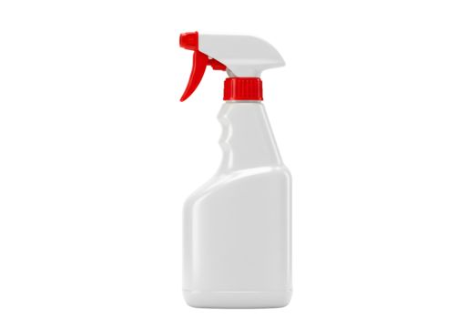 White spray bottle with a red trigger on a white background, perfect for cleaning and household product presentations