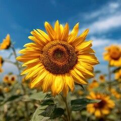 A vibrant yellow sunflower dominates the foreground, sharply in focus against a blurred background of other sunflowers and a bright blue sky with fluffy white clouds