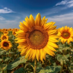 Obraz premium A vibrant sunflower dominates the foreground, its golden petals radiating against a backdrop of a sunny blue sky and a field of similar flowers, creating a cheerful and idyllic summer scene