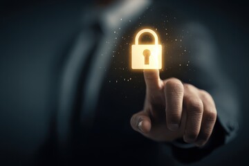 Businessman touching a glowing padlock icon