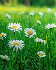 A vibrant field of daisies in lush green grass, bathed in soft sunlight, creating a serene and idyllic natural scene