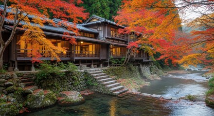 Ryokan Inn Amidst Autumn Foliage in Japan