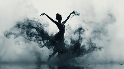 Elegant dancer in flowing black dress surrounded by swirling smoke in a dramatic atmosphere