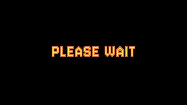 Pixelated please wait animation text on transparent background suitable for technology blogs, virtual events, software updates, and digital concept designs.
