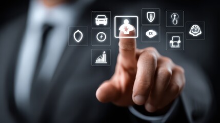 Businessman Interacting with Virtual Insurance Icon, Confidently Presenting in Modern Workspace.