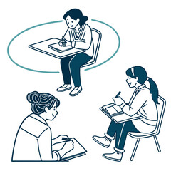 Three diverse students engaged in learning and writing at desks and chairs in a minimalist illustration style