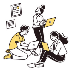 Diverse group of young professionals collaborating and working together on laptops in a modern office setting