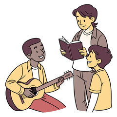 A smiling teacher reads from a book while two students play guitar and listen attentively during a music lesson