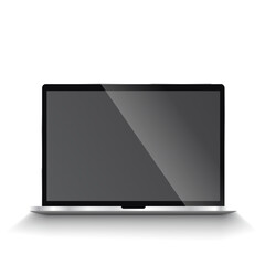 Minimal digital illustration of silver laptop with blank dark gray screen on white background, flat design, modern technology device, desktop computer, and electronic device concept