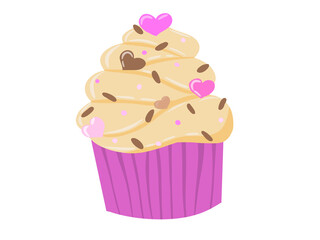 Hand-drawn cupcake adorned with pastel hearts, showcasing a swirl of buttercream frosting and playful sprinkles, perfect for celebrations and sweet cravings