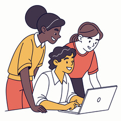 Diverse group of three people collaborating and looking at a laptop screen together with smiles