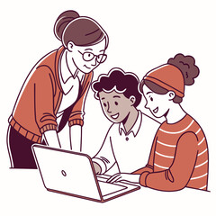 Diverse group of three people collaborating and learning together around a laptop computer with smiles