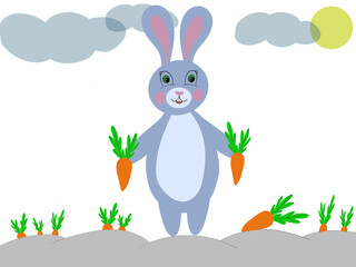 Cheerful cartoon rabbit joyfully harvesting carrots on a sunny day in a whimsical garden filled with vibrant greenery