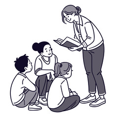 A friendly teacher reads a book to a small group of attentive children sitting on the floor in a classroom setting