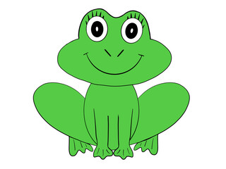 Bright green cartoon frog with expressive eyes and cheerful smile seated on its haunches in a playful, artistic style