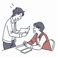 A teacher or mentor enthusiastically presents a document or report to a student sitting at a desk