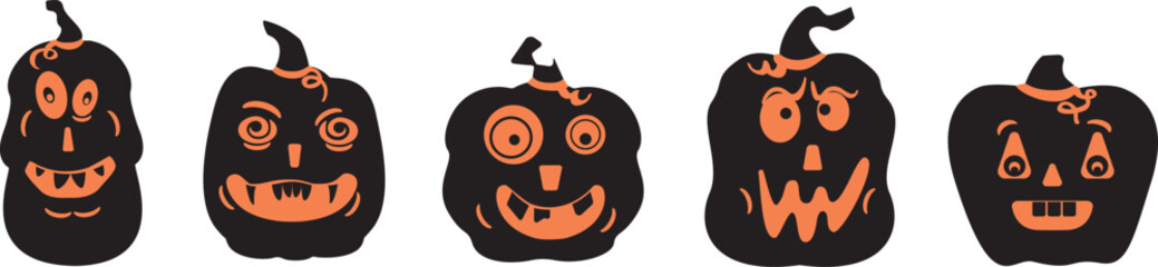 Different Pumpkins. Main symbol of the happy holiday of Halloween. Black pumpkin with various funny faces. Template For your design. Hand drawn trendy Vector illustration. All elements are isolated