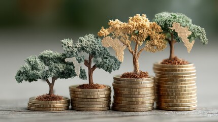 Miniature Trees Growing on a Stacked Collection of Coins Arranged on a Globe Map, Symbolizing Growth and Opportunity for Dynamic Projects Empowering Innovation and Inspiration.