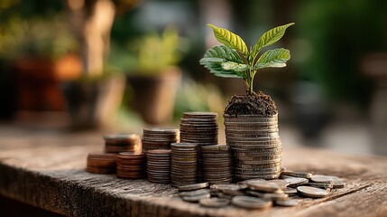 Striking Image of a Small Green Sprout Emerging from Piles of Currency, Boosts Creativity for Dynamic Branding Projects.