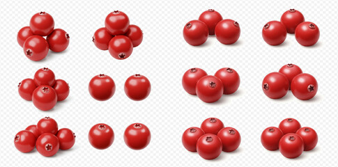 Collection of glossy red currant berries, arranged in various small piles and pairs, isolated on a transparent background.