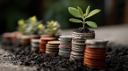 Stacked Coins with Blooming Plant A Vibrant Metaphor for Financial Growth and Chaos.