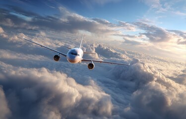 Airplane soaring through a cloudy sky at sunset