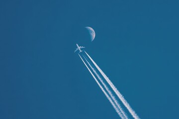 Airplane trails across a vast blue sky with a crescent moon