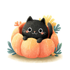 Cute black kitten in a pumpkin with flowers black cat