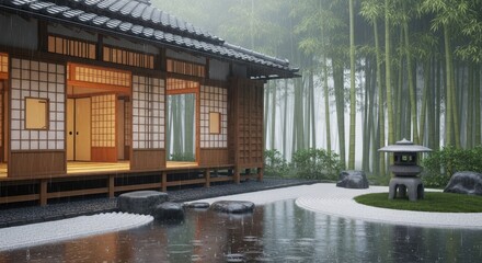 Obraz premium Traditional Japanese House in Rainy Zen Garden