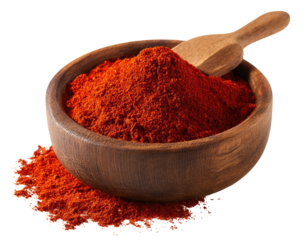 Red spice powder in wooden bowl with scoop