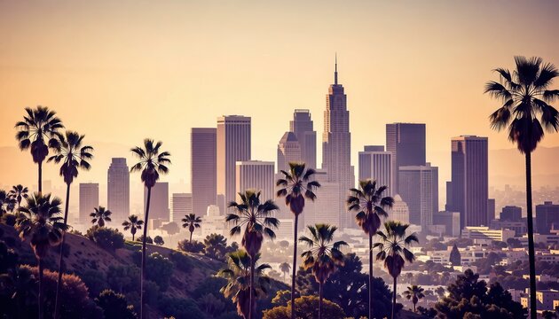 Sunset skyline view of los angeles urban landscape cityscape photography tropical palm trees vibrant atmosphere