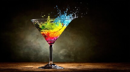 An abstract visualization of a vibrant colorful cocktail glass slowly cracking and draining of its color against a dark background.
