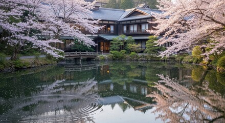 Naklejka premium Traditional Japanese House with Cherry Blossom Reflection