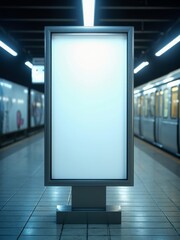 Minimalist Vertical Subway Ad Mockup.
A vertical, blank billboard with a clean metal frame and a subtle blue-white light stands on a subway platform. The low-angle perspective and blurred background o
