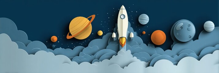 Creative Paper Art Illustration of a Rocket Launching Into Space With Colorful Planets and Clouds in a Night Sky