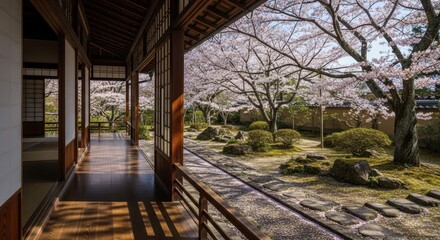 Obraz premium Beautiful Japanese Garden with Cherry Blossoms