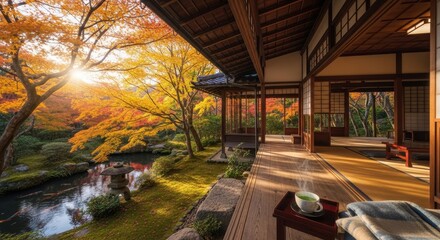 Fototapeta premium Serene Japanese Garden View with Tea and Autumn Colors