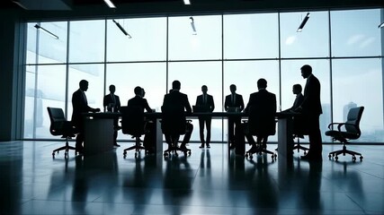 Dynamic business meeting unfolds with silhouettes of professionals strategizing in a modern boardroom overlooking a cityscape, projecting collaboration and future growth.